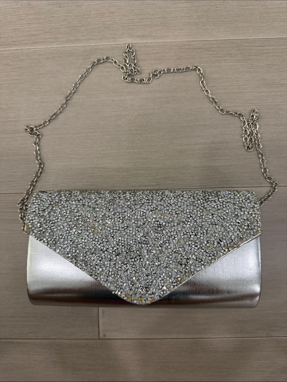 Silver Crystal-Embellished Envelope Clutch with Chain Strap